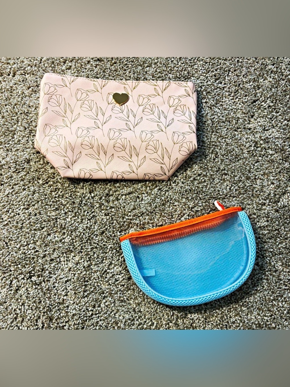 2pc Leaf Print Zipper Makeup Bag + Blue Mesh Coin Purse/make up bag
